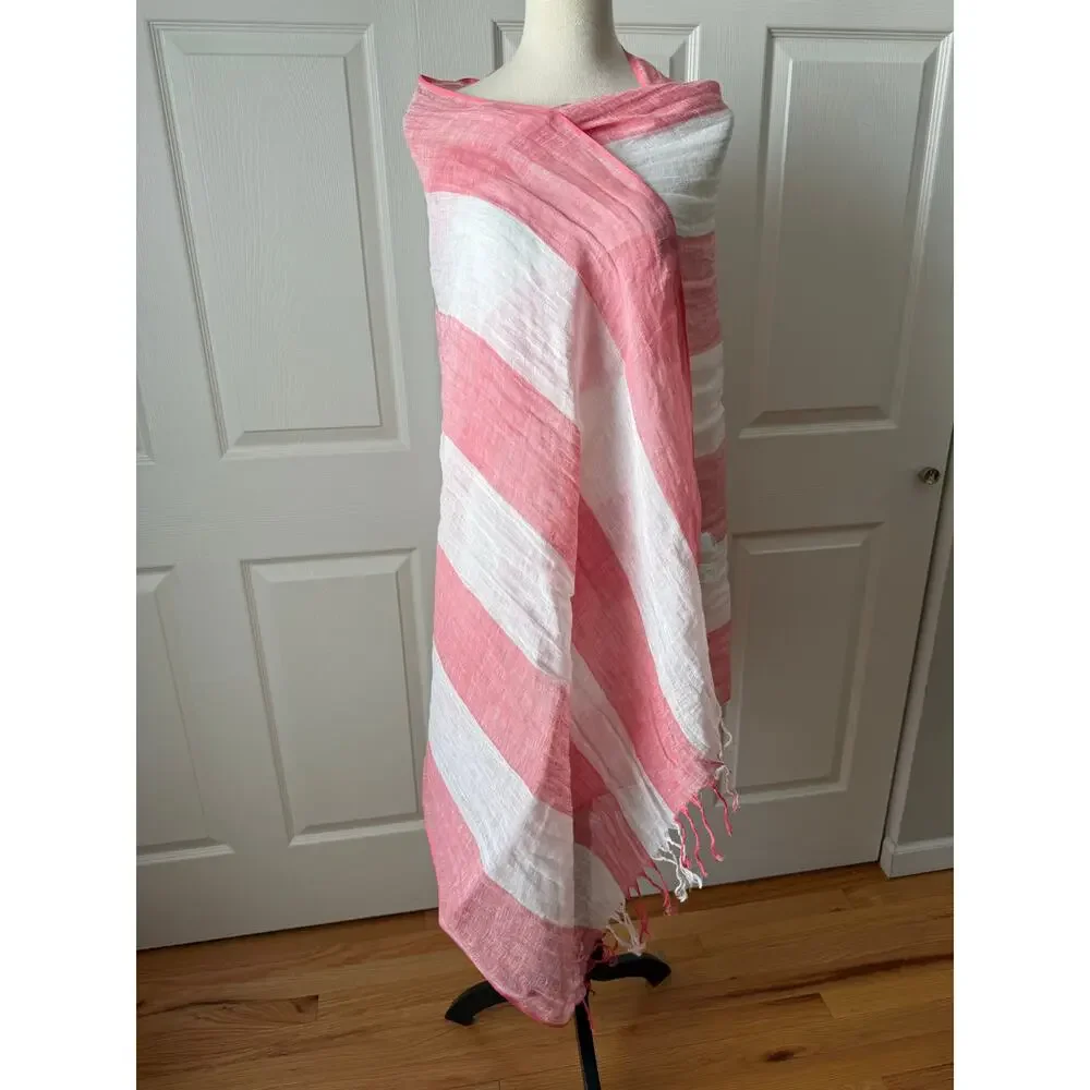Jones New York Pink White Linen Stripe Wrap Shawl Fringe 72” x 36” Cruise Beach